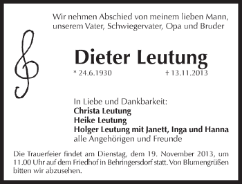 Traueranzeige von Dieter Leutung von Pegnitz-Zeitung